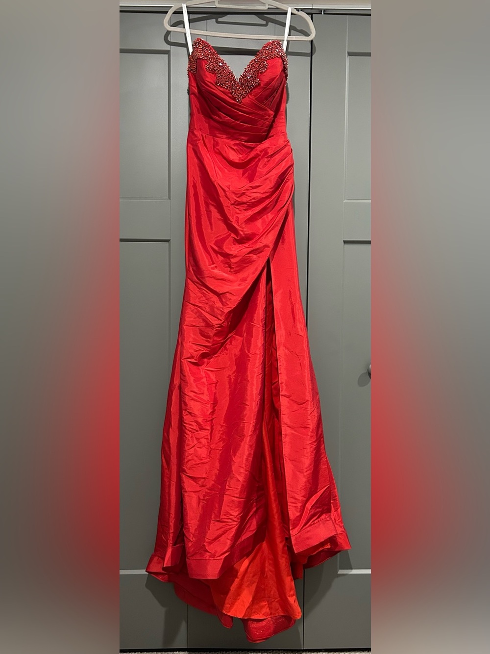 Ava Presley Red Beaded V-Neck Evening Gown - Women Dresses